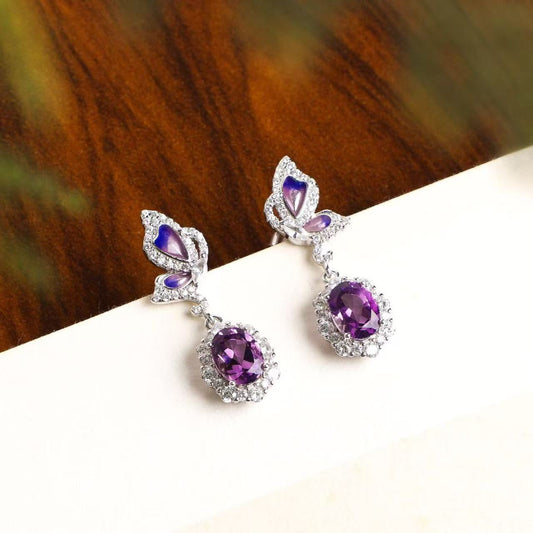 Amethyst Butterfly Dangle Earrings in 925 Sterling Silver with Enamel Accents