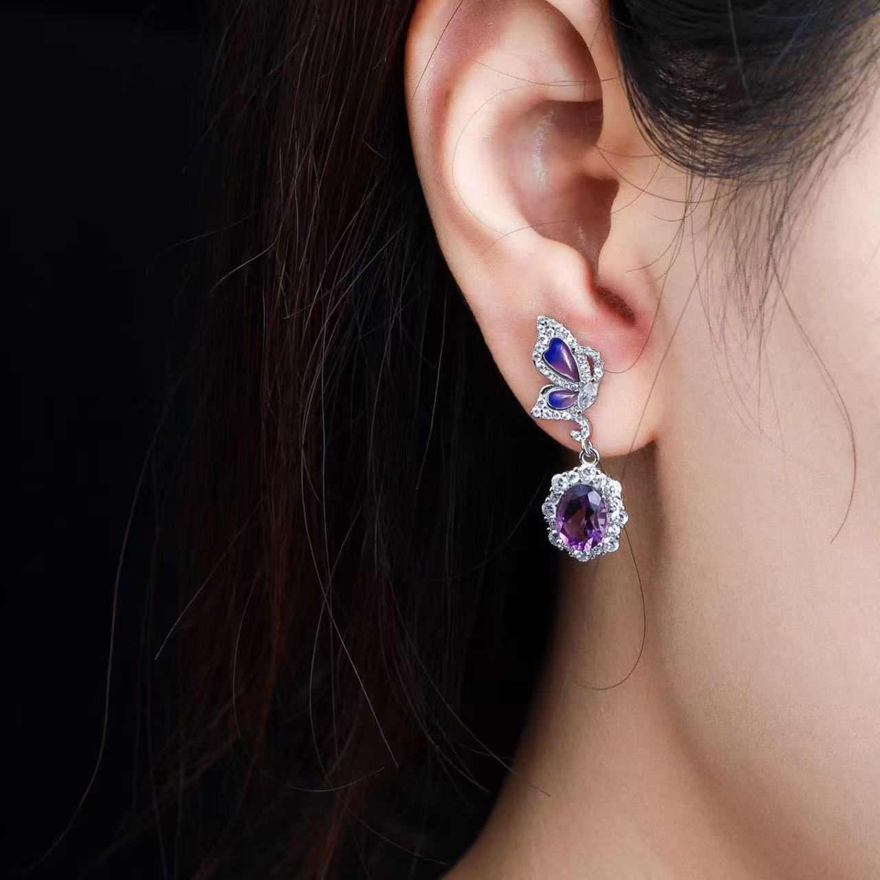 Amethyst Butterfly Dangle Earrings in 925 Sterling Silver with Enamel Accents