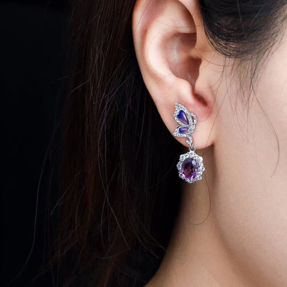 Amethyst Butterfly Dangle Earrings in 925 Sterling Silver with Enamel Accents