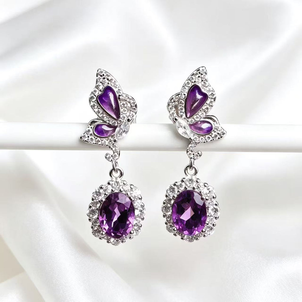 Amethyst Butterfly Dangle Earrings in 925 Sterling Silver with Enamel Accents