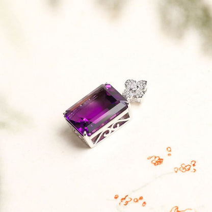 Natural Uruguay Amethyst Emerald Cut Pendant Necklace in S925 Sterling Silver – 16ct Purple Gemstone Pendant