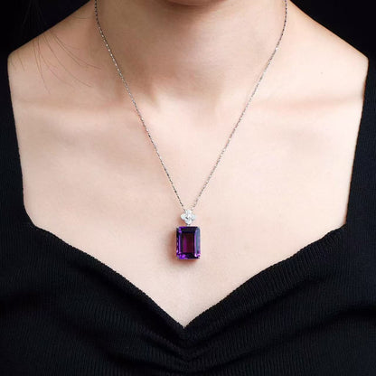 Natural Uruguay Amethyst Emerald Cut Pendant Necklace in S925 Sterling Silver – 16ct Purple Gemstone Pendant