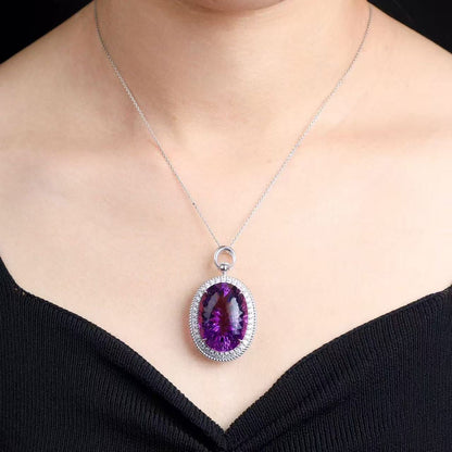 Natural Uruguay Amethyst Pendant Necklace in S925 Sterling Silver – 50ct Oval Purple Gemstone Pendant
