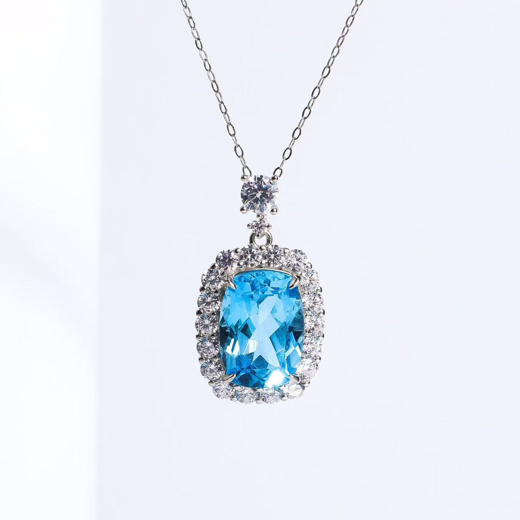 Natural Swiss Blue Topaz Cushion Cut Pendant Necklace in S925 Sterling Silver – 7.5ct Blue Gemstone Pendant