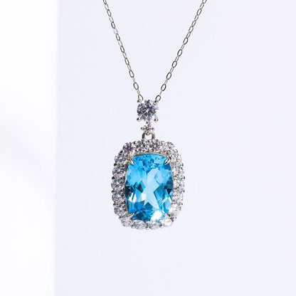 Natural Swiss Blue Topaz Cushion Cut Pendant Necklace in S925 Sterling Silver – 7.5ct Blue Gemstone Pendant