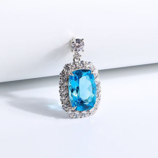 Natural Swiss Blue Topaz Cushion Cut Pendant Necklace in S925 Sterling Silver – 7.5ct Blue Gemstone Pendant