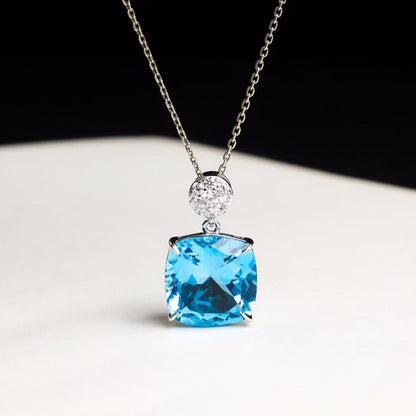 Natural Brazilian Swiss Blue Topaz Cushion Cut Pendant Necklace in S925 Sterling Silver – 9ct Blue Gemstone Pendant