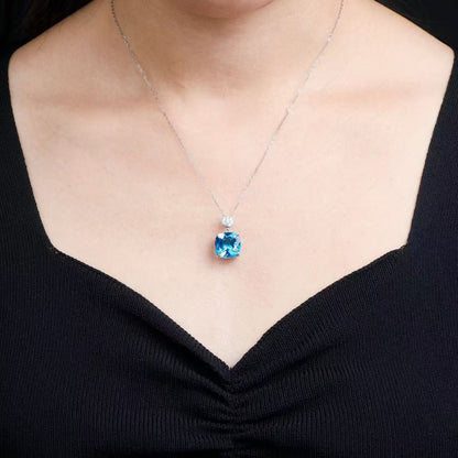 Natural Brazilian Swiss Blue Topaz Cushion Cut Pendant Necklace in S925 Sterling Silver – 9ct Blue Gemstone Pendant