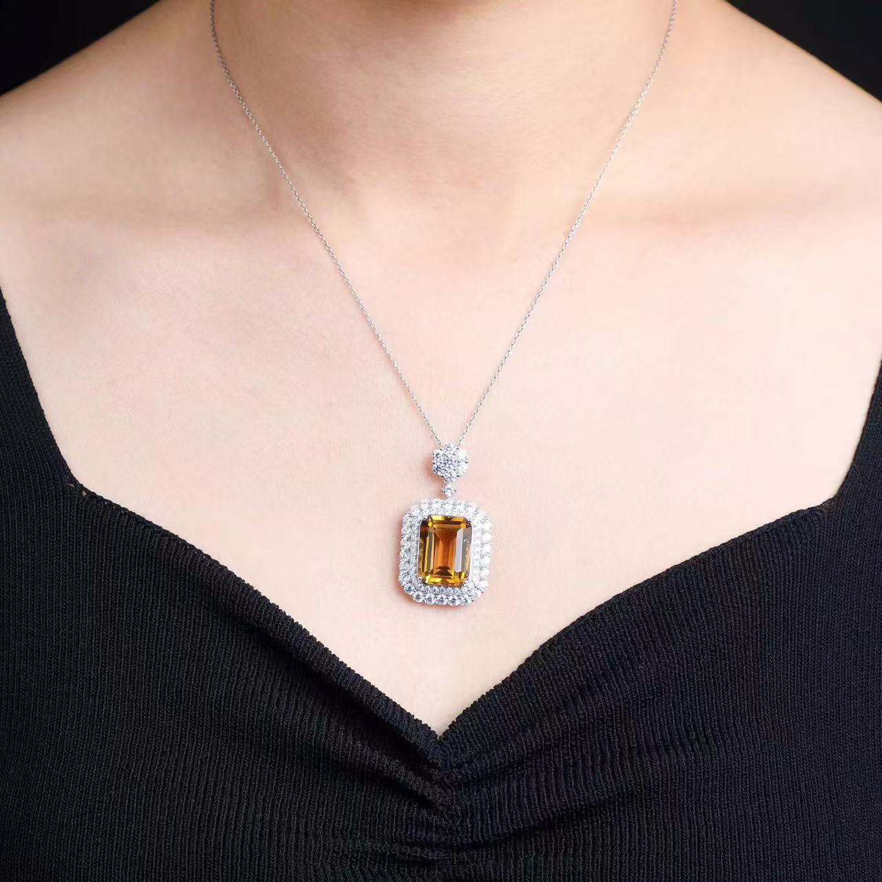 Natural Brazilian Citrine Emerald Cut Pendant Necklace in S925 Sterling Silver – 12ct Yellow Gemstone Pendant