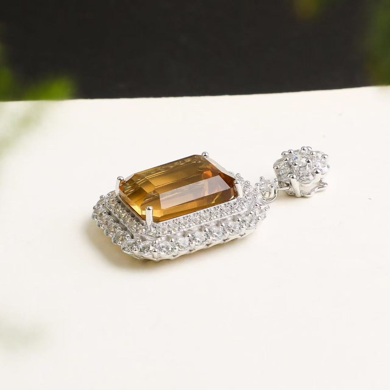 Natural Brazilian Citrine Emerald Cut Pendant Necklace in S925 Sterling Silver – 12ct Yellow Gemstone Pendant