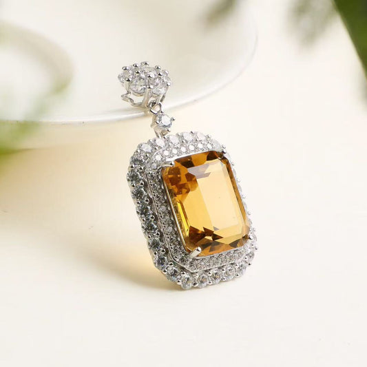 Natural Brazilian Citrine Emerald Cut Pendant Necklace in S925 Sterling Silver – 12ct Yellow Gemstone Pendant