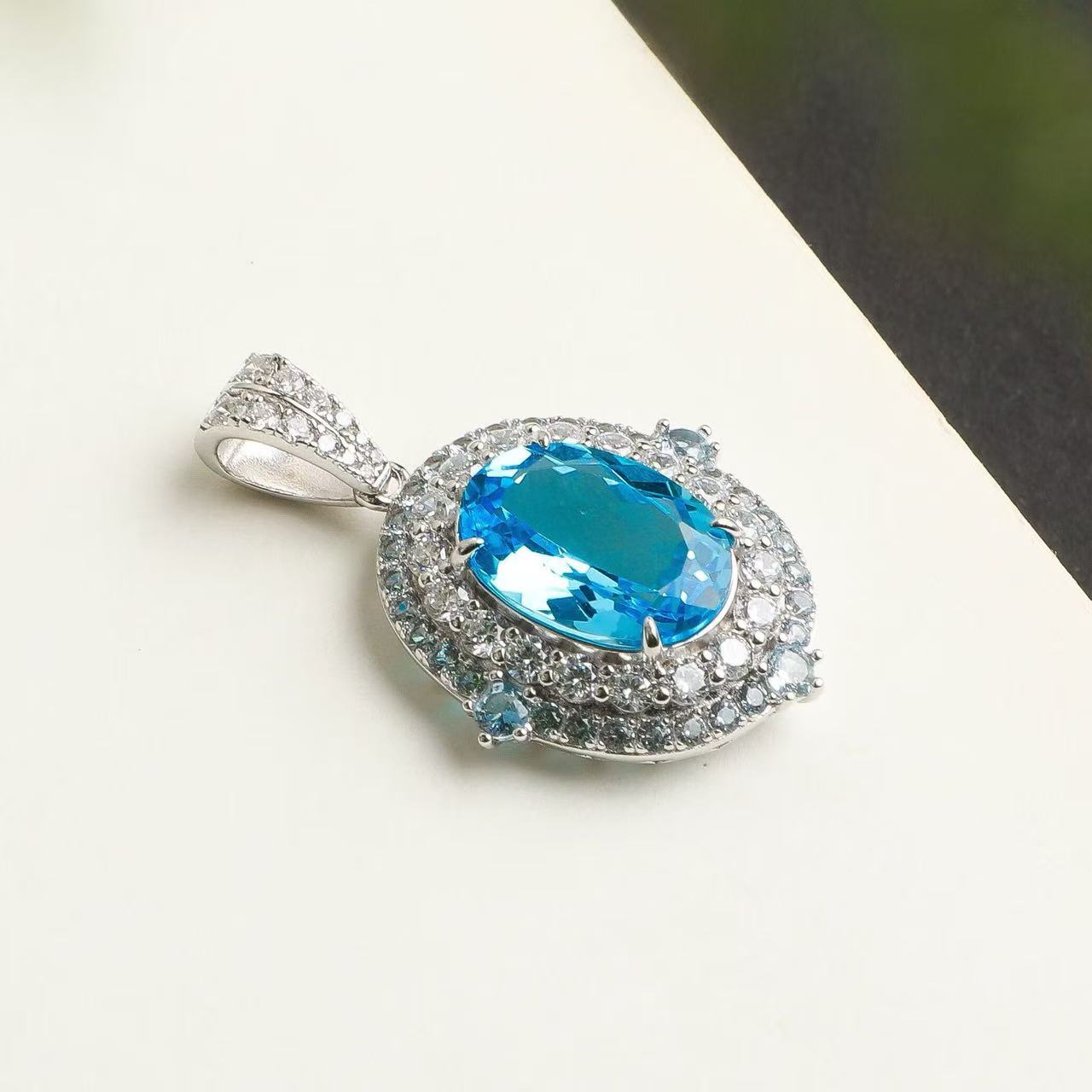 Natural Brazilian Swiss Blue Topaz Pendant Necklace in S925 Sterling Silver – 7.4ct Oval Blue Gemstone Pendant