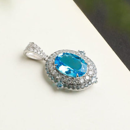 Natural Brazilian Swiss Blue Topaz Pendant Necklace in S925 Sterling Silver – 7.4ct Oval Blue Gemstone Pendant