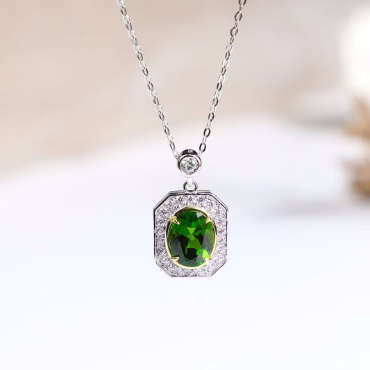 Natural Chrome Diopside Halo Pendant Necklace in S925 Sterling Silver – 2.4ct Green Gemstone Pendant