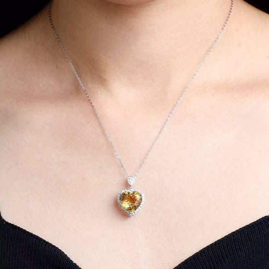 Natural Brazilian Citrine Heart Pendant Necklace in S925 Sterling Silver – 7.8ct Yellow Gemstone Pendant