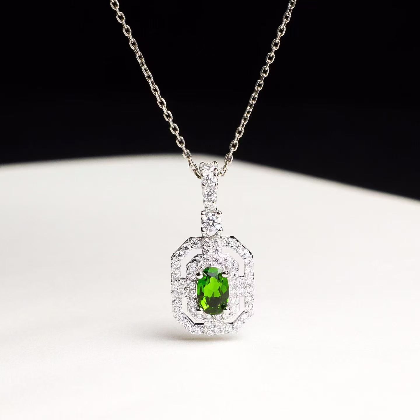 Natural Russian Chrome Diopside Double Halo Pendant Necklace in S925 Sterling Silver – 0.6ct Green Gemstone Pendant