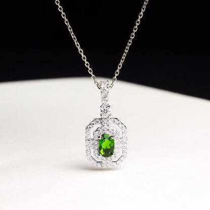 Natural Russian Chrome Diopside Double Halo Pendant Necklace in S925 Sterling Silver – 0.6ct Green Gemstone Pendant