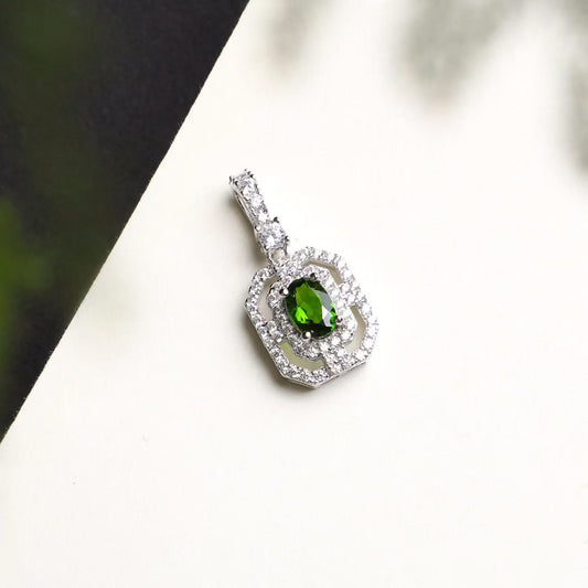 Natural Russian Chrome Diopside Double Halo Pendant Necklace in S925 Sterling Silver – 0.6ct Green Gemstone Pendant