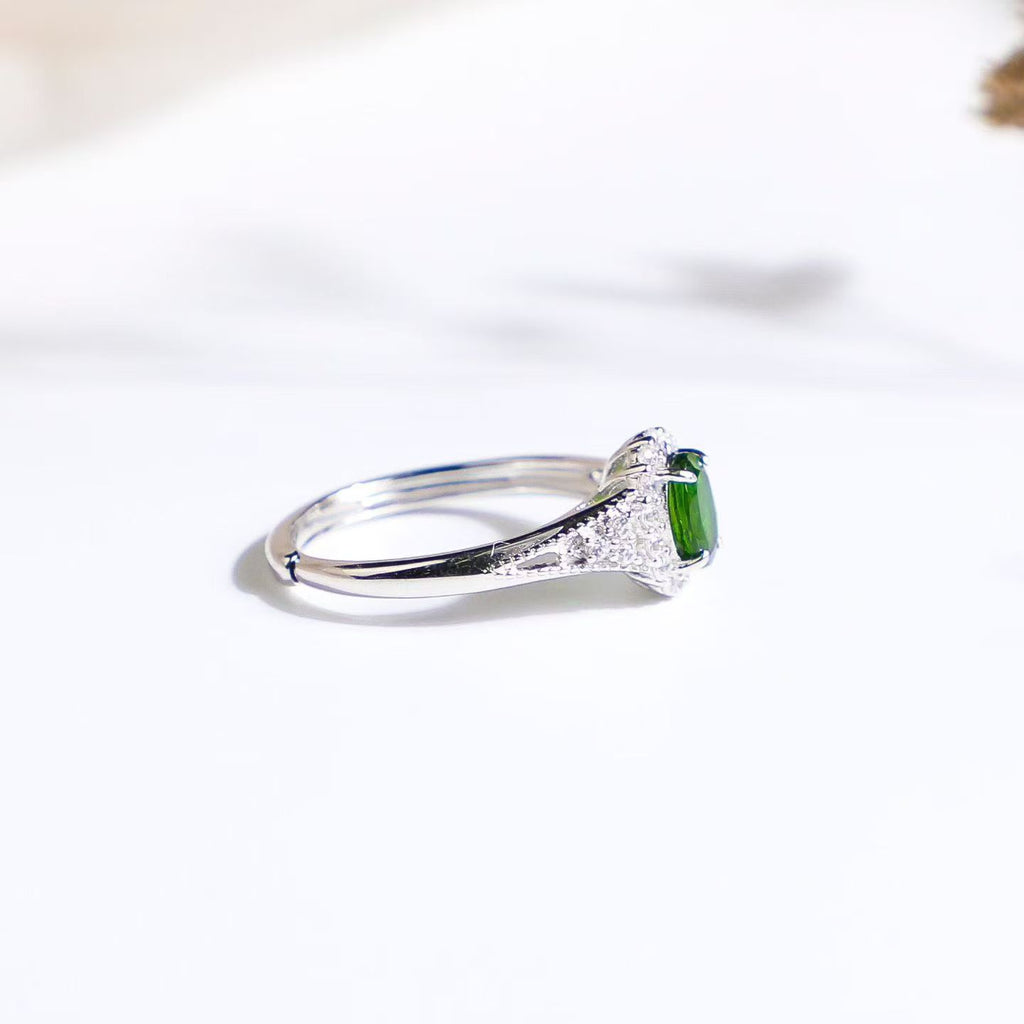 Natural Russian Chrome Diopside Halo Ring in S925 Sterling Silver – Green Gemstone Ring