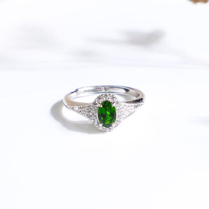 Natural Russian Chrome Diopside Halo Ring in S925 Sterling Silver – Green Gemstone Ring