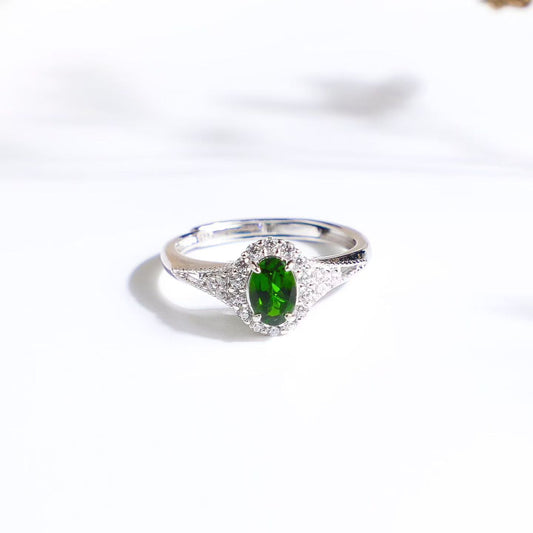 Natural Russian Chrome Diopside Halo Ring in S925 Sterling Silver – Green Gemstone Ring