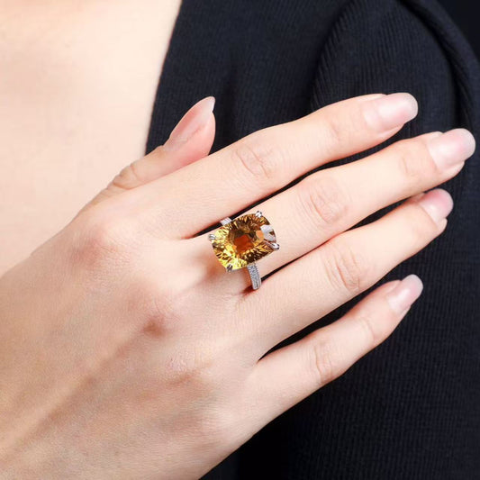 Natural Brazilian Citrine Cushion Cut Ring in S925 Sterling Silver – 11.8ct Yellow Gemstone Ring