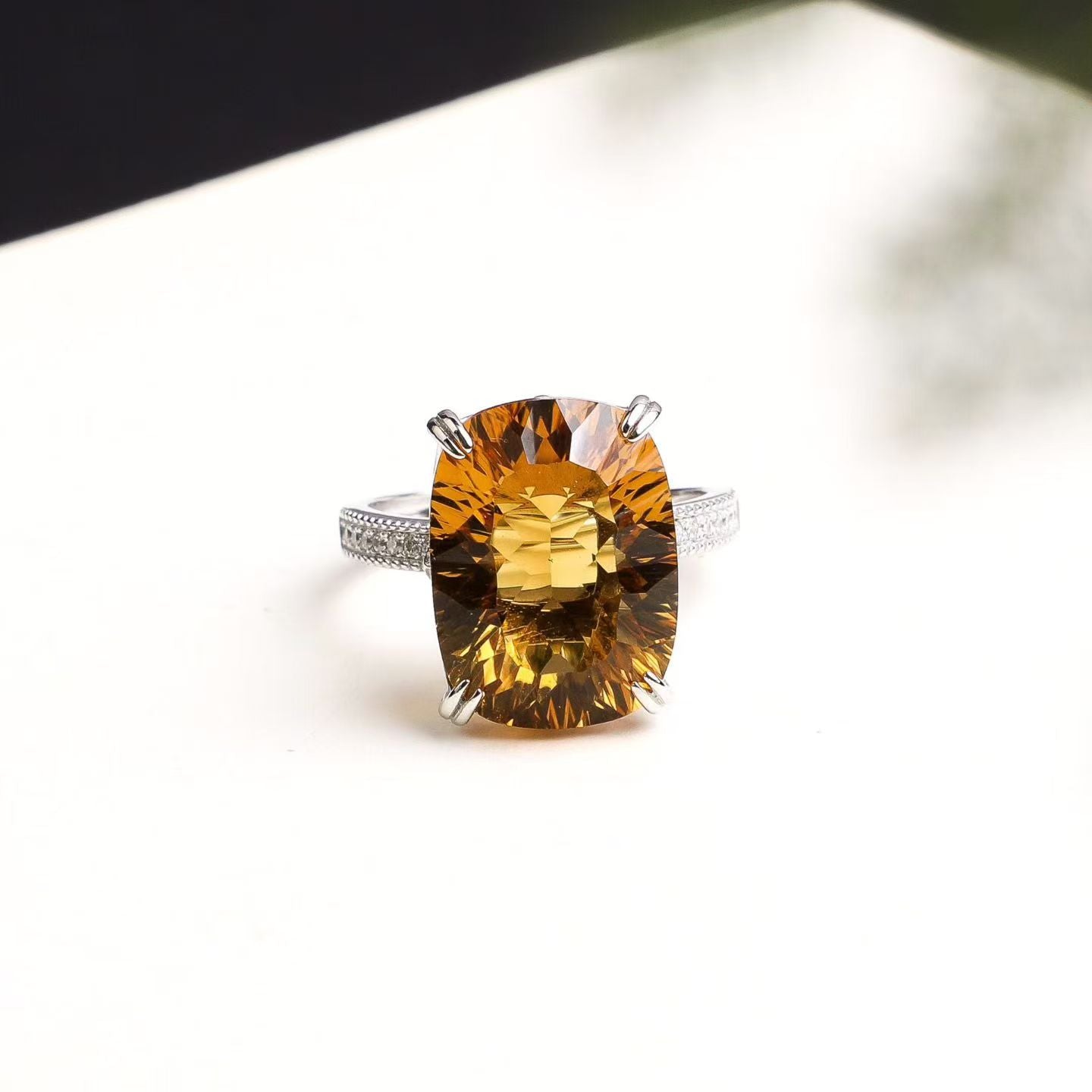 Natural Brazilian Citrine Cushion Cut Ring in S925 Sterling Silver – 11.8ct Yellow Gemstone Ring