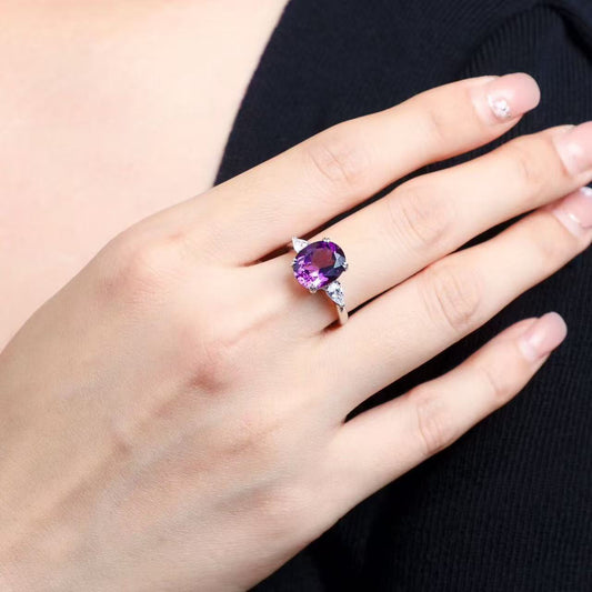 Natural Uruguayan Amethyst Three Stone Ring in S925 Sterling Silver – 8.3ct Purple Gemstone Ring