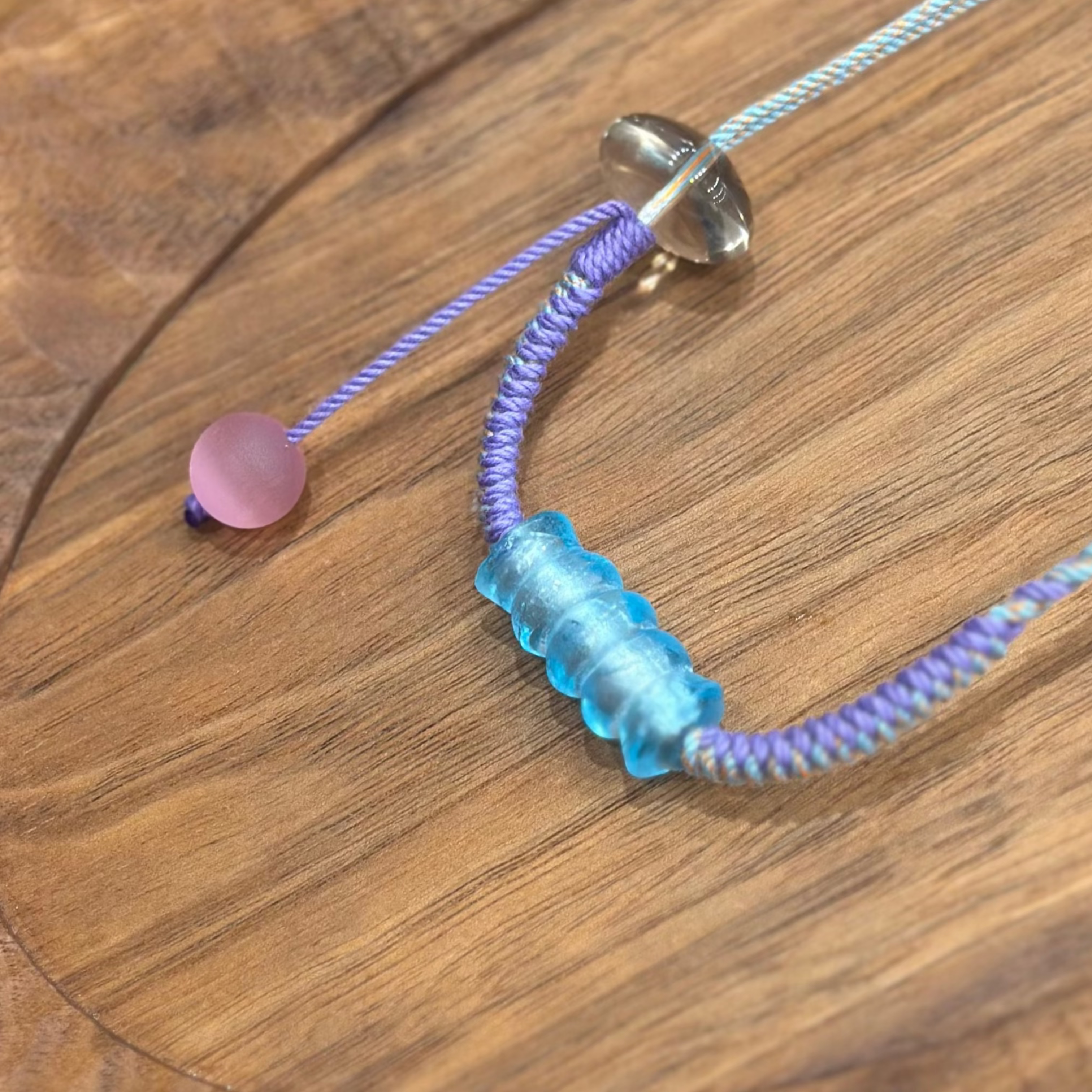 Hand-Knotted Glass Bead Necklace – Blue Purple Woven Cord Jewelry, Handmade Lightweight Necklace