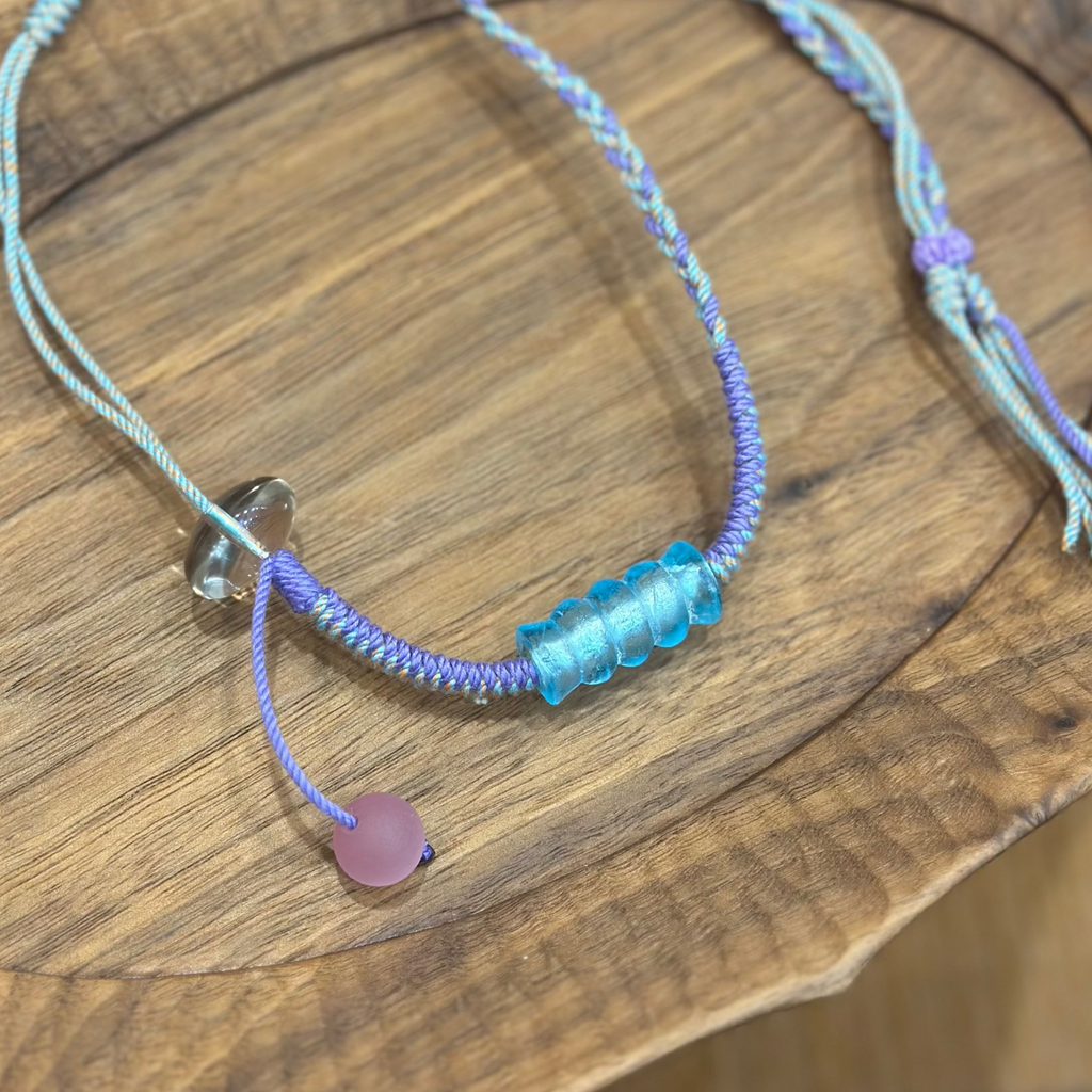 Hand-Knotted Glass Bead Necklace – Blue Purple Woven Cord Jewelry, Handmade Lightweight Necklace