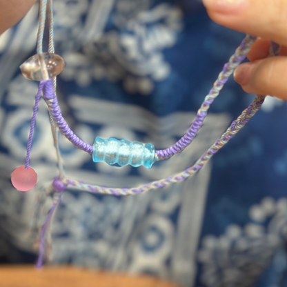 Hand-Knotted Glass Bead Necklace – Blue Purple Woven Cord Jewelry, Handmade Lightweight Necklace