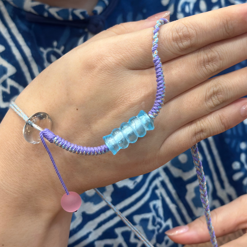 Hand-Knotted Glass Bead Necklace – Blue Purple Woven Cord Jewelry, Handmade Lightweight Necklace