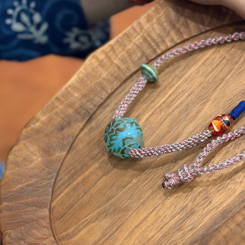 Hand-Knotted Glass Bead Necklace – Lotus & Koi Pattern Woven Cord Choker, Handmade Glass Jewelry