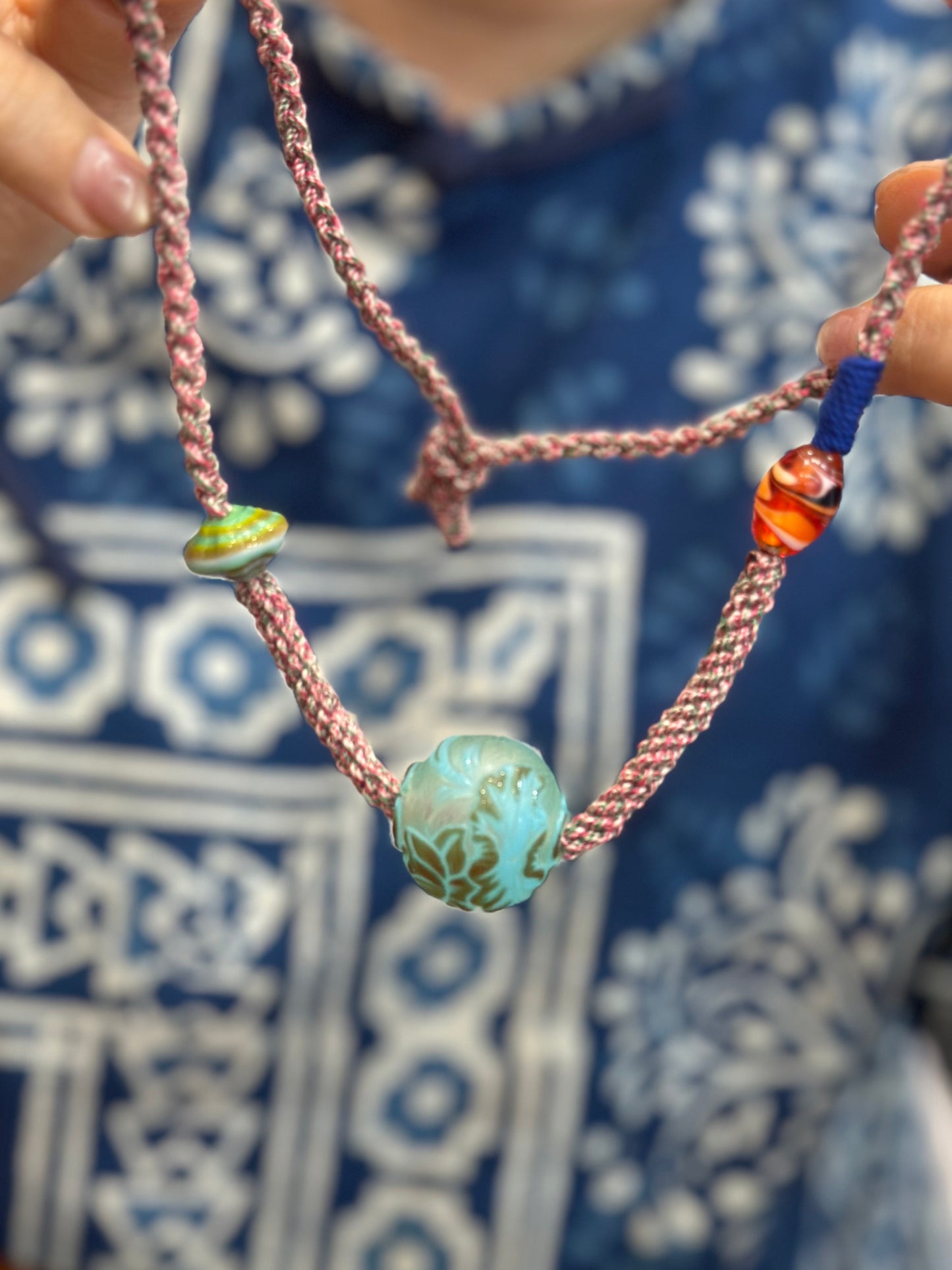 Hand-Knotted Glass Bead Necklace – Lotus & Koi Pattern Woven Cord Choker, Handmade Glass Jewelry
