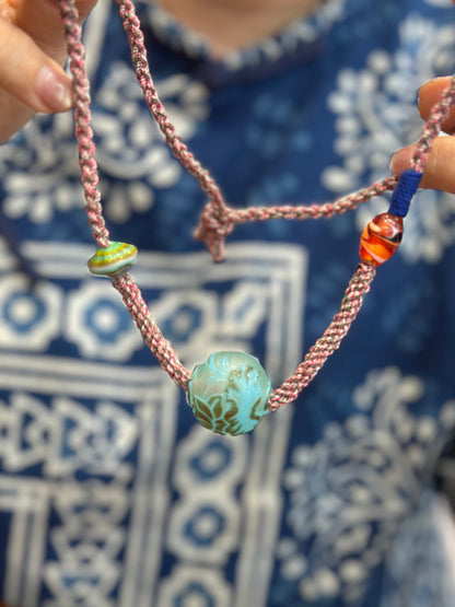 Hand-Knotted Glass Bead Necklace – Lotus & Koi Pattern Woven Cord Choker, Handmade Glass Jewelry