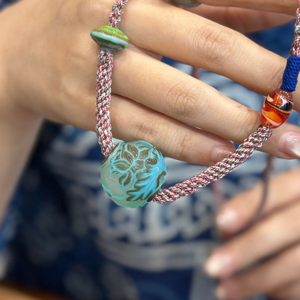 Hand-Knotted Glass Bead Necklace – Lotus & Koi Pattern Woven Cord Choker, Handmade Glass Jewelry