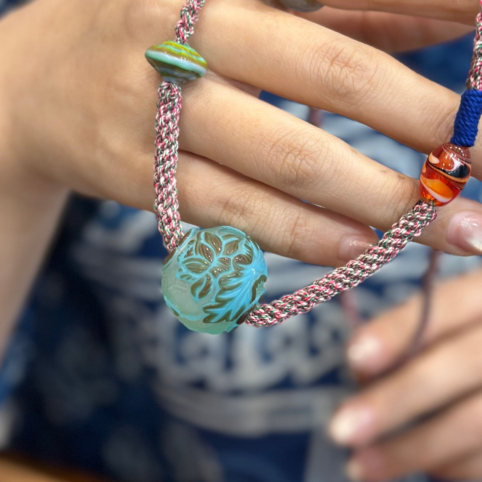 Hand-Knotted Glass Bead Necklace – Lotus & Koi Pattern Woven Cord Choker, Handmade Glass Jewelry