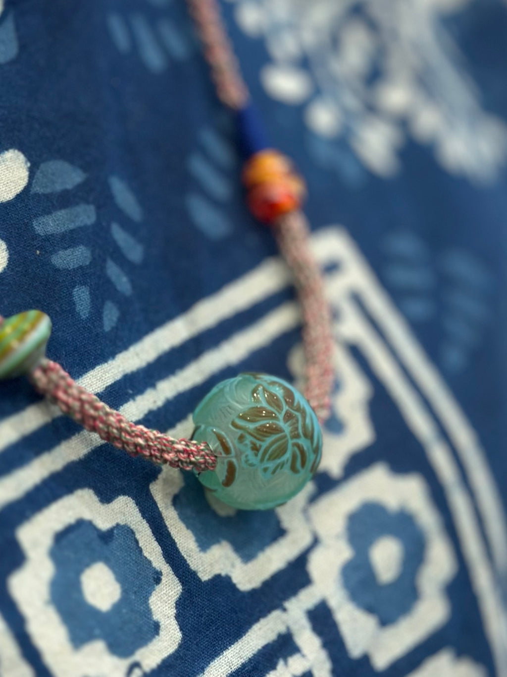 Hand-Knotted Glass Bead Necklace – Lotus & Koi Pattern Woven Cord Choker, Handmade Glass Jewelry