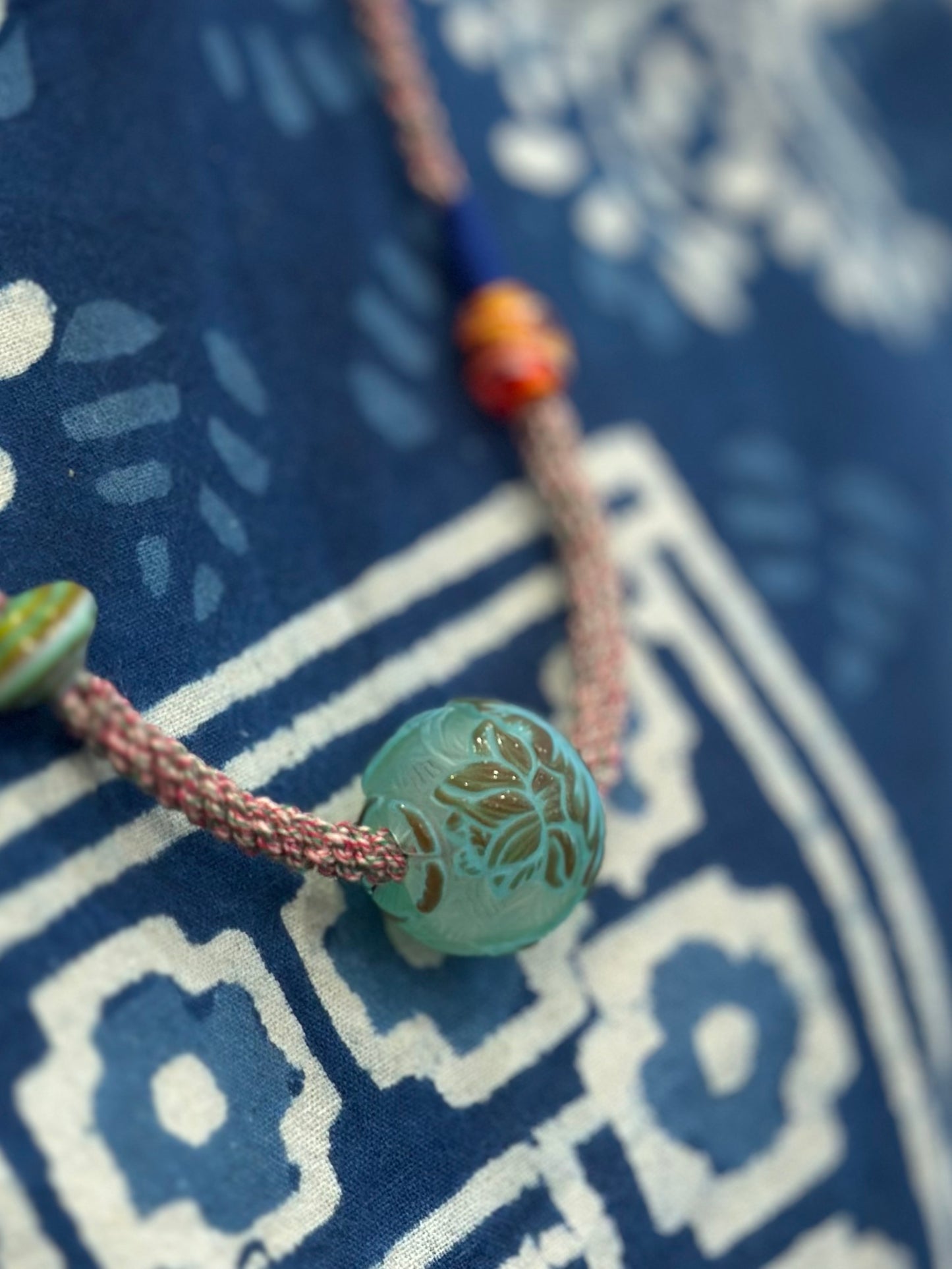 Hand-Knotted Glass Bead Necklace – Lotus & Koi Pattern Woven Cord Choker, Handmade Glass Jewelry