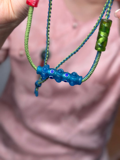 Hand-Knotted Dragonfly Eye Glass Necklace – Blue Red Green Contrast Woven Cord Jewelry