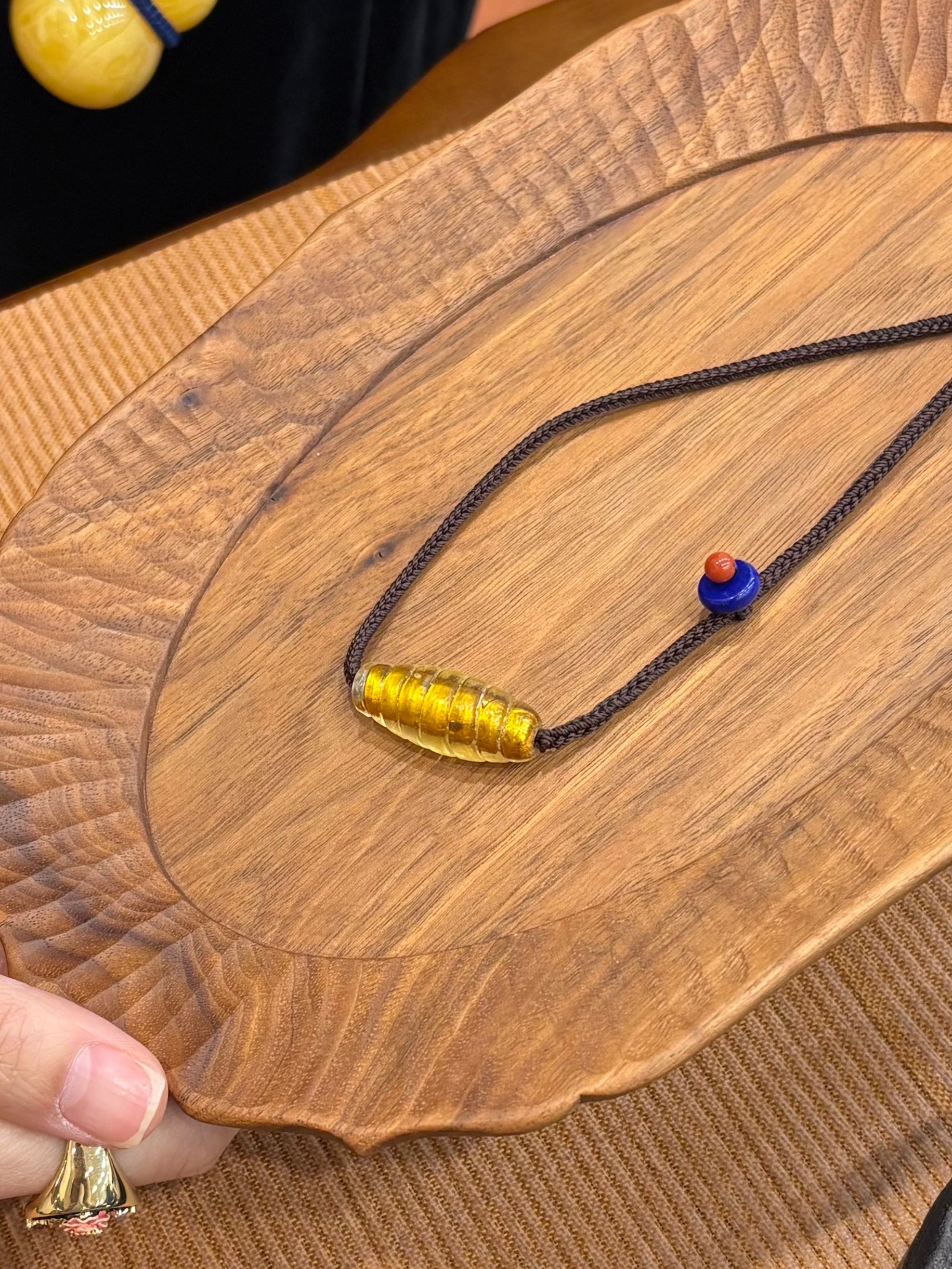 Hand-Knotted Golden Glass Bead Necklace – Minimal Woven Cord Jewelry, Handmade Glass Necklace