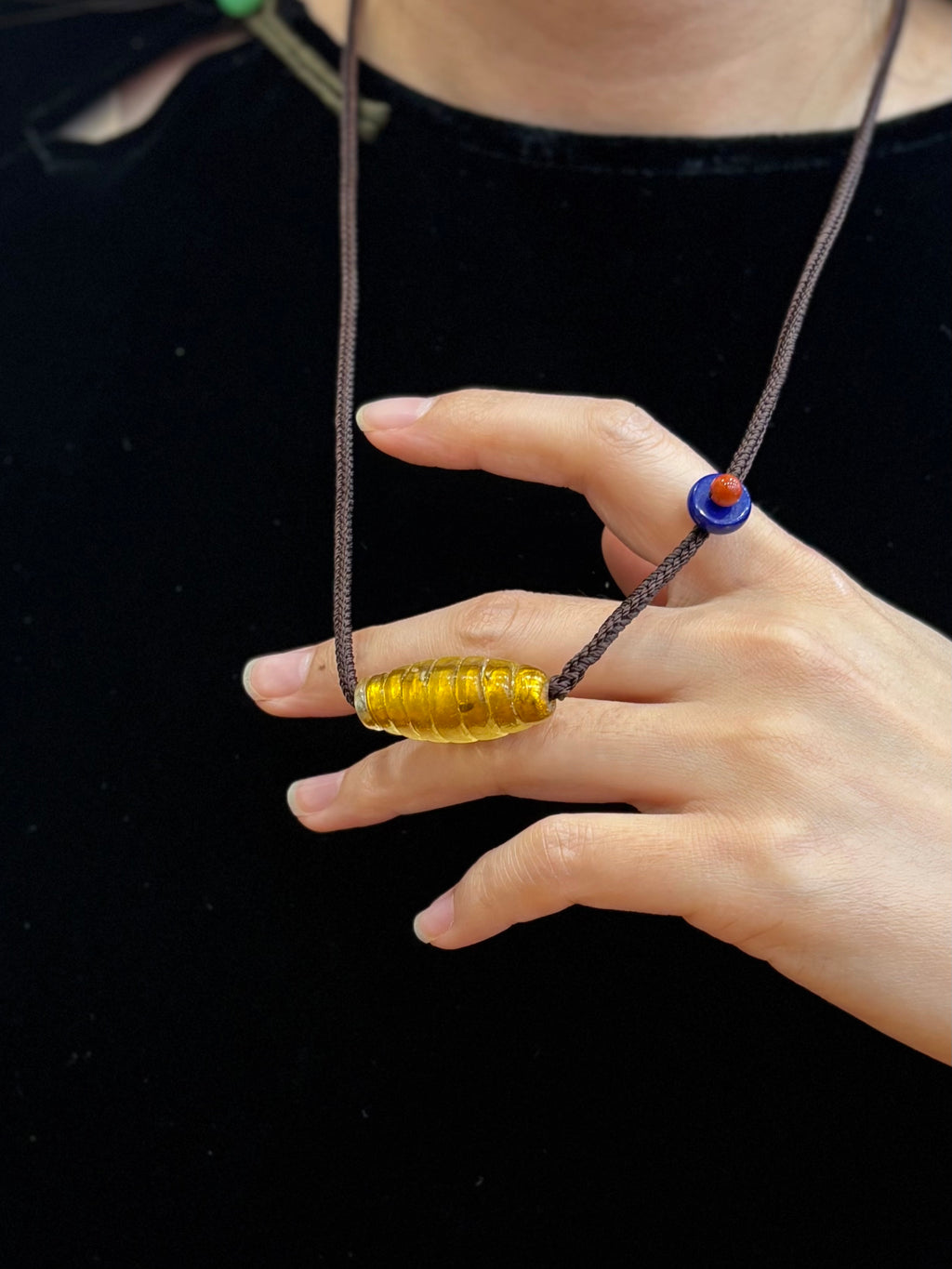 Hand-Knotted Golden Glass Bead Necklace – Minimal Woven Cord Jewelry, Handmade Glass Necklace