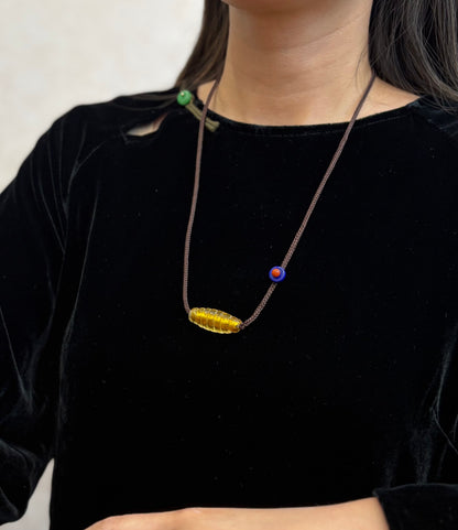 Hand-Knotted Golden Glass Bead Necklace – Minimal Woven Cord Jewelry, Handmade Glass Necklace