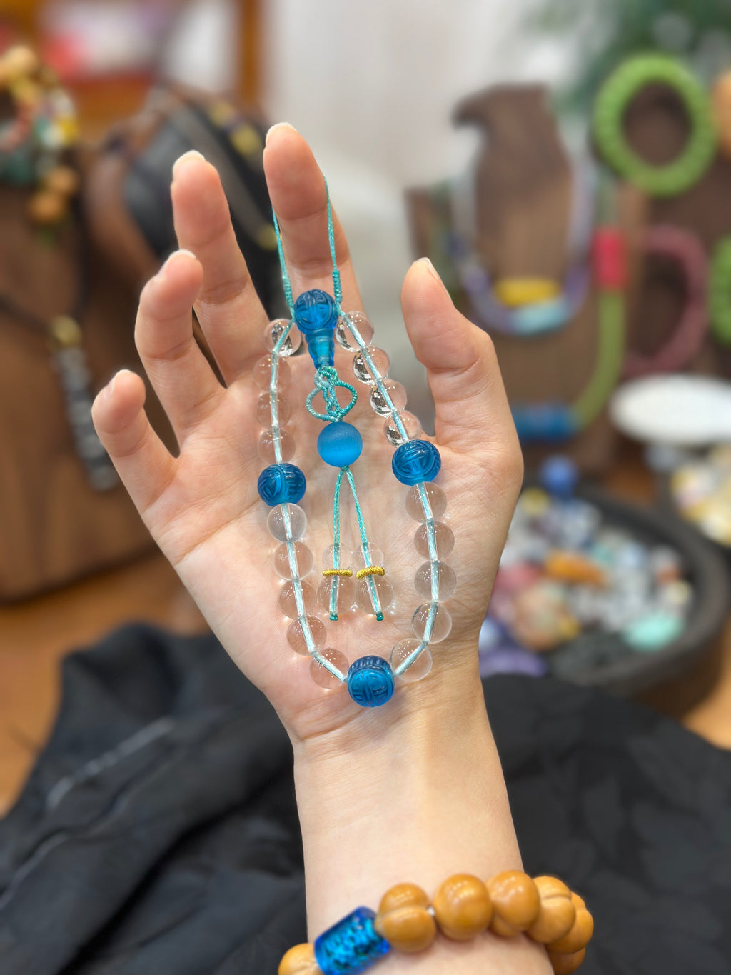 Hand-Knotted Crystal & Blue Glass Bead Charm – Collar Ornament, Bag Charm, Handmade Glass Accessory