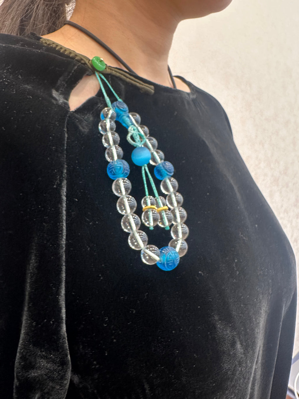Hand-Knotted Crystal & Blue Glass Bead Charm – Collar Ornament, Bag Charm, Handmade Glass Accessory