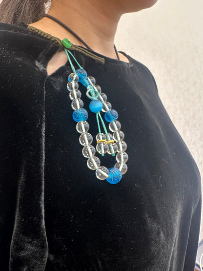 Hand-Knotted Crystal & Blue Glass Bead Charm – Collar Ornament, Bag Charm, Handmade Glass Accessory