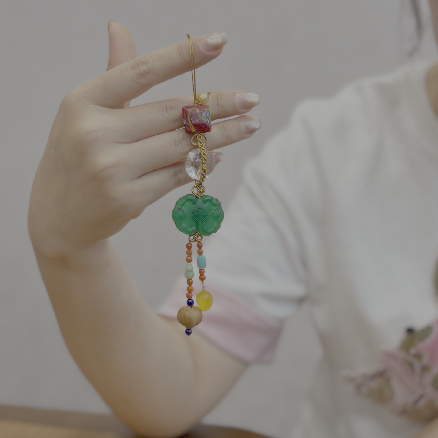 Handmade Glass, Crystal & Amber Bead Charm – Collar Ornament, Bag Charm, Hand-Knotted Accessory