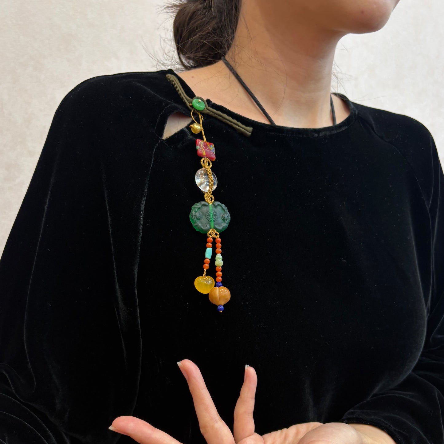 Handmade Glass, Crystal & Amber Bead Charm – Collar Ornament, Bag Charm, Hand-Knotted Accessory