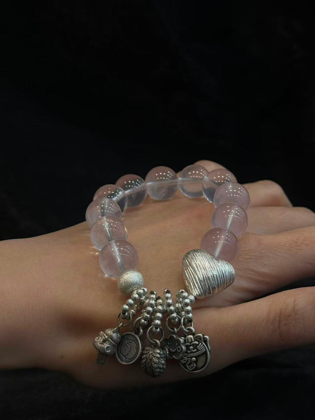Vintage Handcrafted Silver & Rose Quartz Bracelet – Natural Love Stone Beaded Bracelet