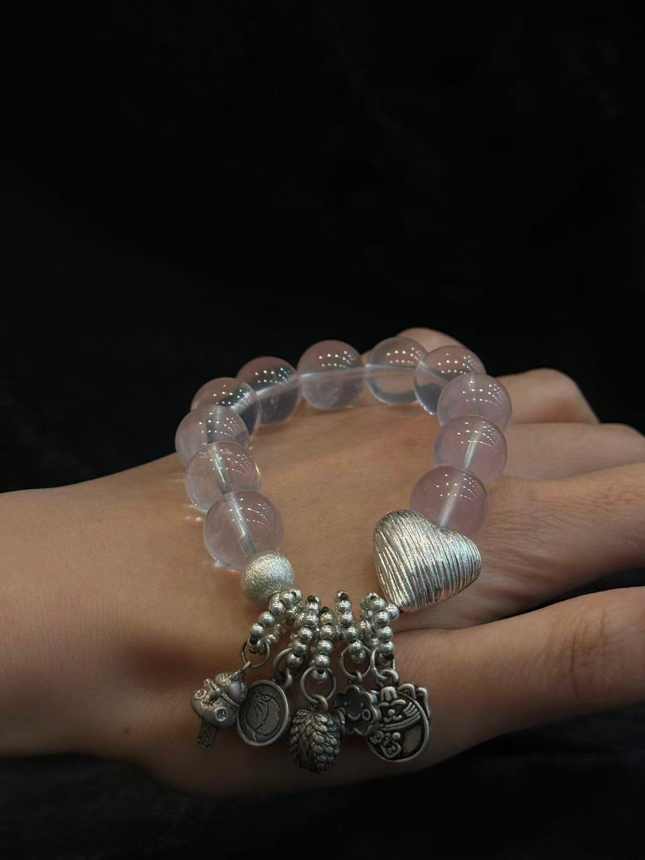Vintage Handcrafted Silver & Rose Quartz Bracelet – Natural Love Stone Beaded Bracelet